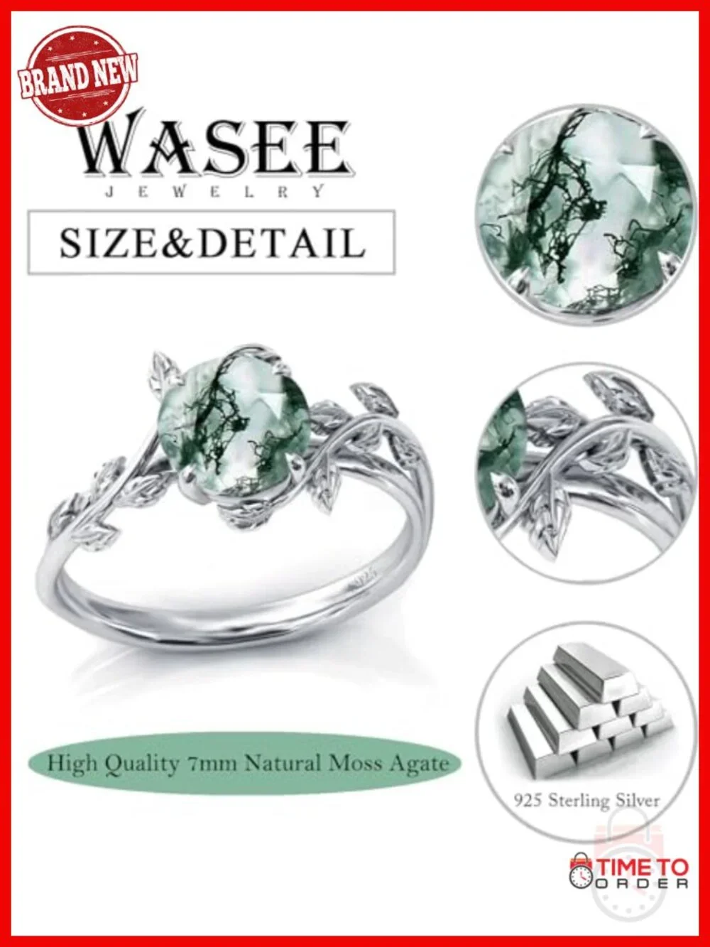 925 Sterling Silver Natural Moss Agate Ring Promise Engagement Wedding Gift
